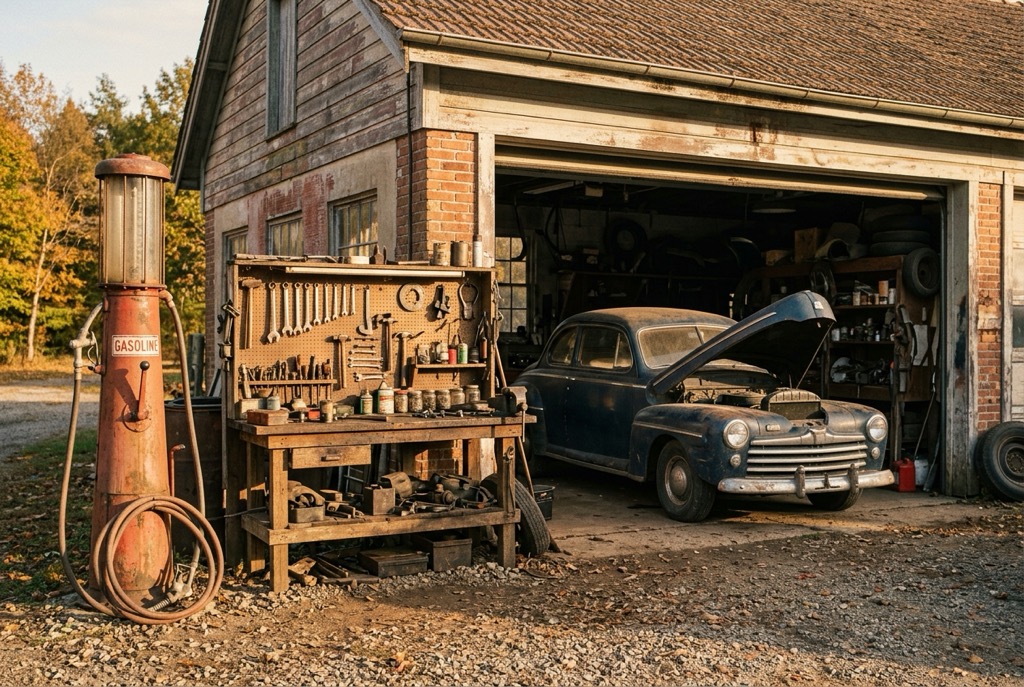 A vintage corner service garage